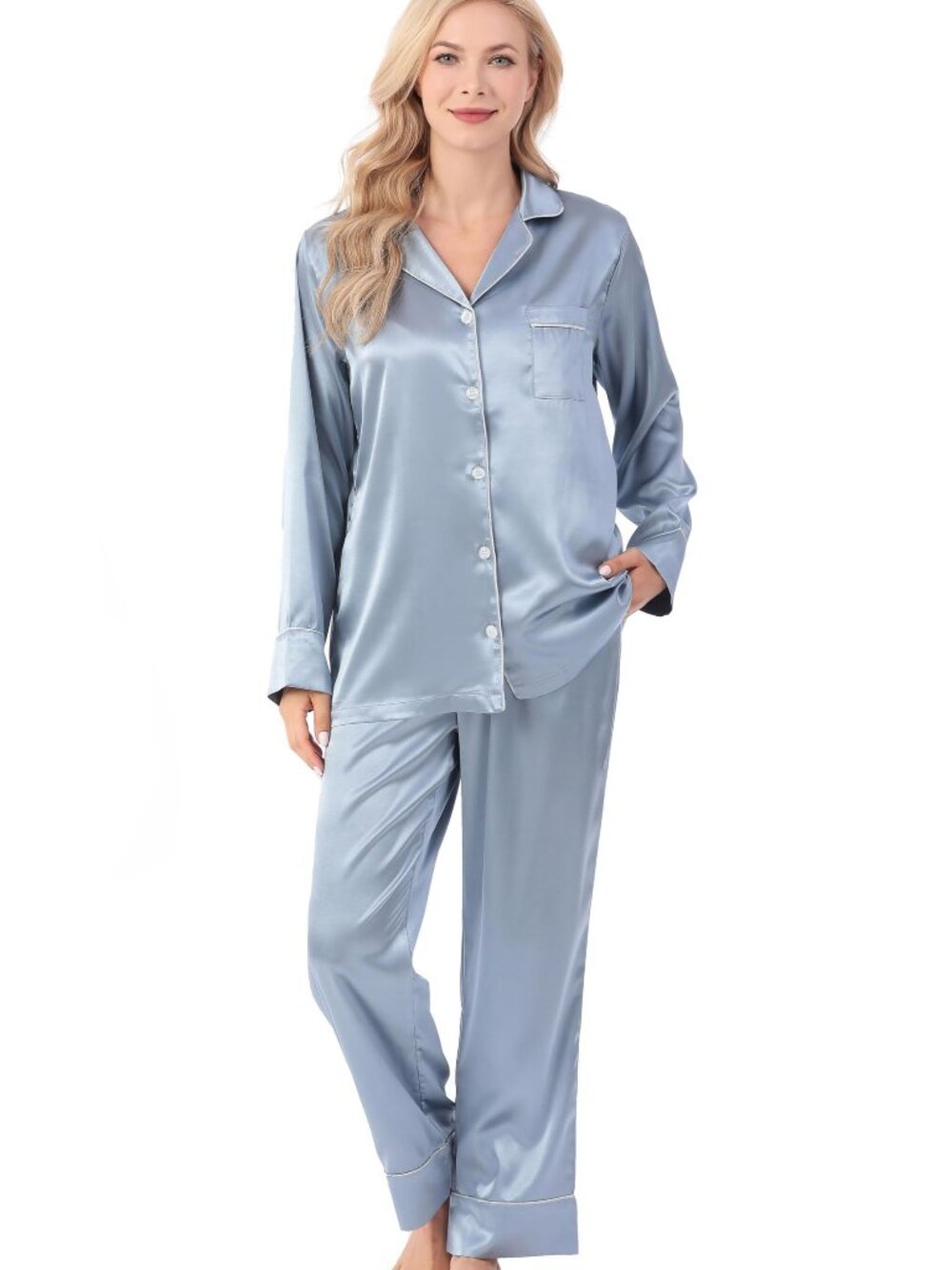 Crescentt Cerulean Blue Silk Satin Pajama Set with Eye Mask – Luxury Sleepwear